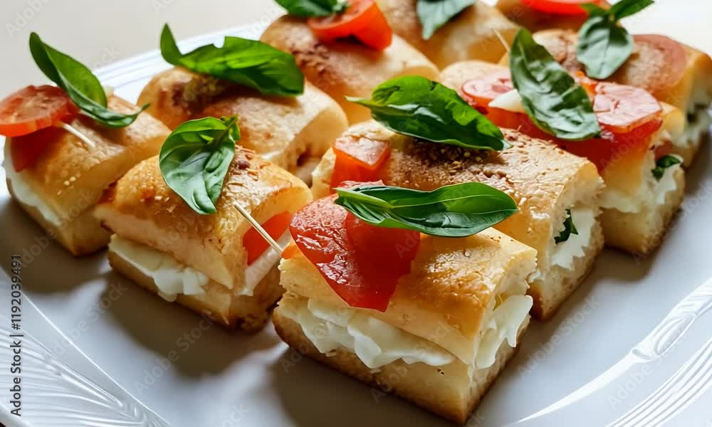 Freshly Made Appetizing Crostini Bites with Creamy Cheese, Tomatoes, and Basil Leaves Perfect for Parties, Gatherings, or Gourmet Events to Delight Your Guests Freshly Made Appetizing Crostini Bites with Creamy Cheese, Tomatoes, and Basil Leaves Perfect for Parties, Gatherings, or Gourmet Events to Delight Your Guests