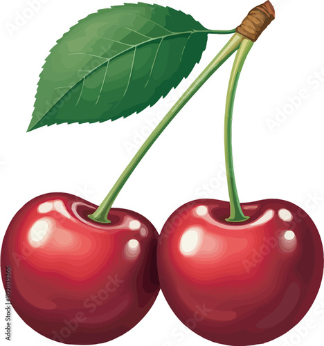 two cherries with leaves