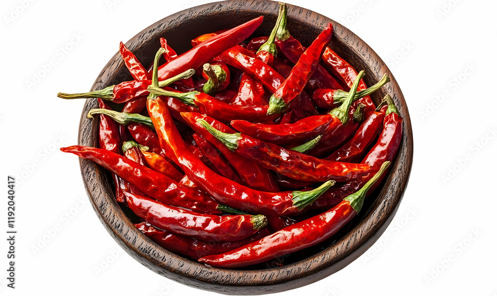 Dried red chilies bowl, white background, spice Dried red chilies bowl, white background, spice