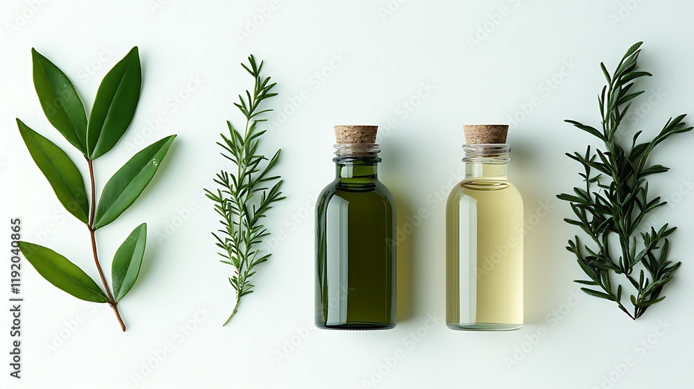 Herbal essential oils, green leaves, white background, natural beauty products, aromatherapy Herbal essential oils, green leaves, white background, natural beauty products, aromatherapy