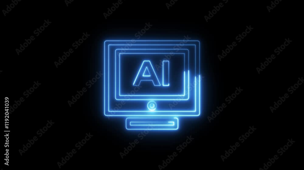 AI Computer computing Icon on digital technology blue neon motion graphic loop animation style AI Computer computing Icon on digital technology blue neon motion graphic loop animation style