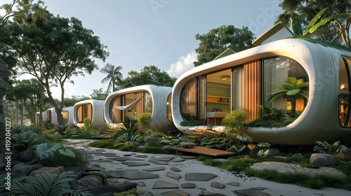 Wallpaper Mural A modern eco-friendly resort building with solar-powered cabins, positioned on white. Torontodigital.ca