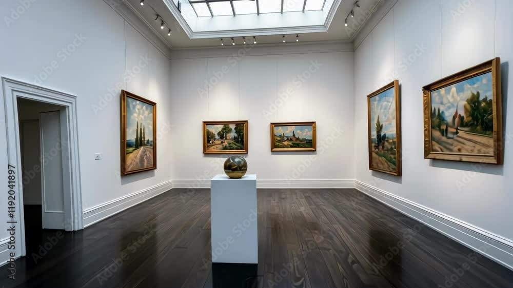 Visual exploration of art gallery exhibiting various paintings and a sculpture in a serene, elegantly designed space Visual exploration of art gallery exhibiting various paintings and a sculpture in a serene, elegantly designed space
