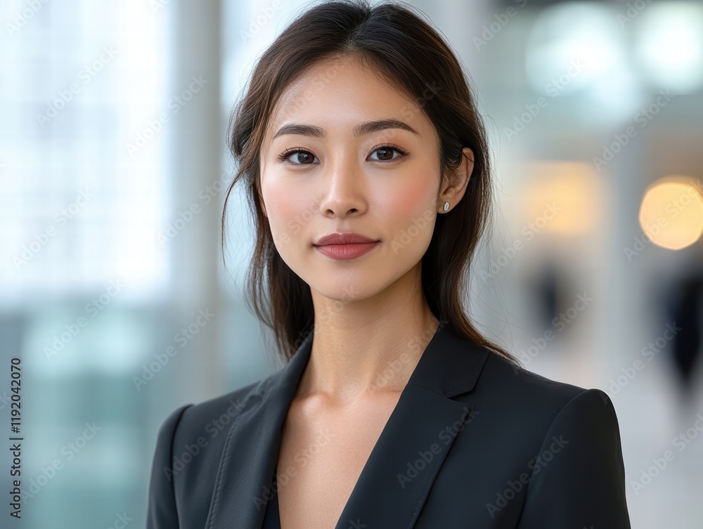 Confident Asian woman in business attire, walking through a modern office building, with a focused expression. Confident Asian woman in business attire, walking through a modern office building, with a focused expression.