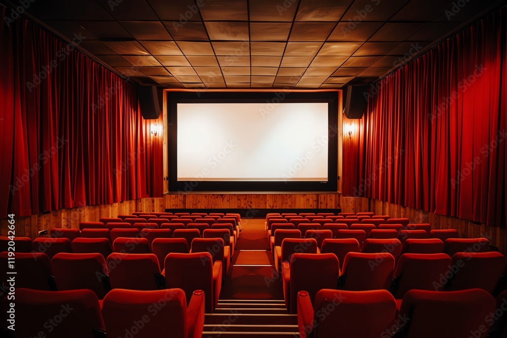 Fototapeta premium Exploring an empty movie theater with red seats and large screen. Perfect for cinema lovers and film production concepts.