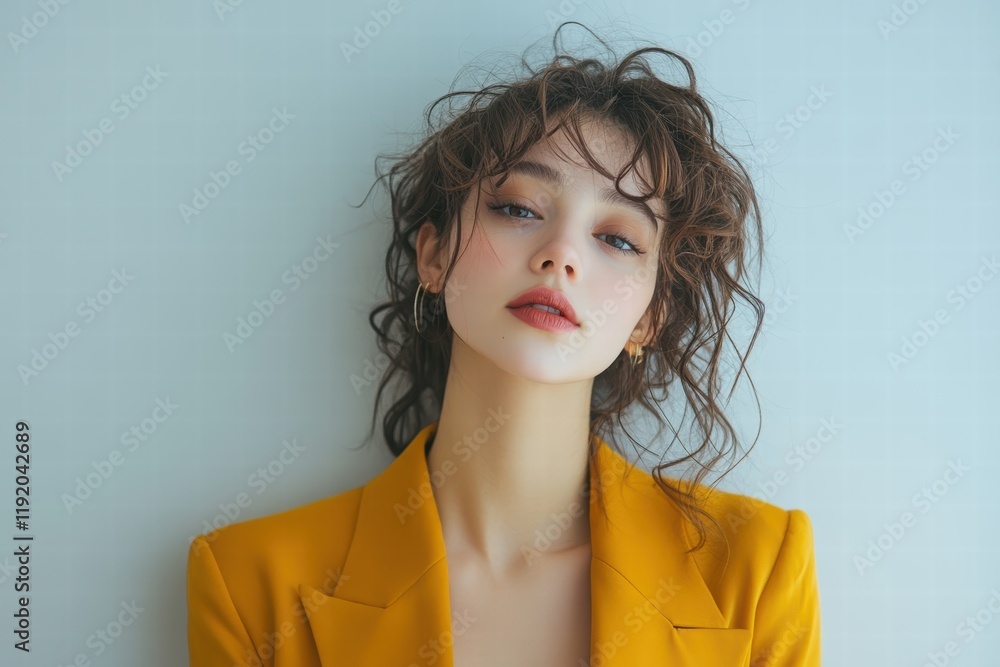 Confident modern woman with a bold outfit, standing against a minimalist white wall, exuding elegance and self-assurance. Confident modern woman with a bold outfit, standing against a minimalist white wall, exuding elegance and self-assurance.