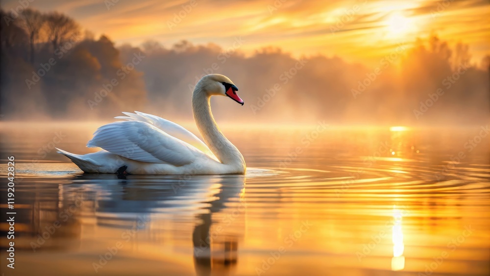 Fototapeta premium Elegant Art Swan floating serenely on the calm water at sunrise with warm golden hues and soft ripples , nature beauty, sunrise
