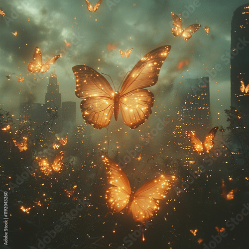 Many glowing butterflies rising from muted tones los angeles city with nature with destruction, debris, and fire. photo