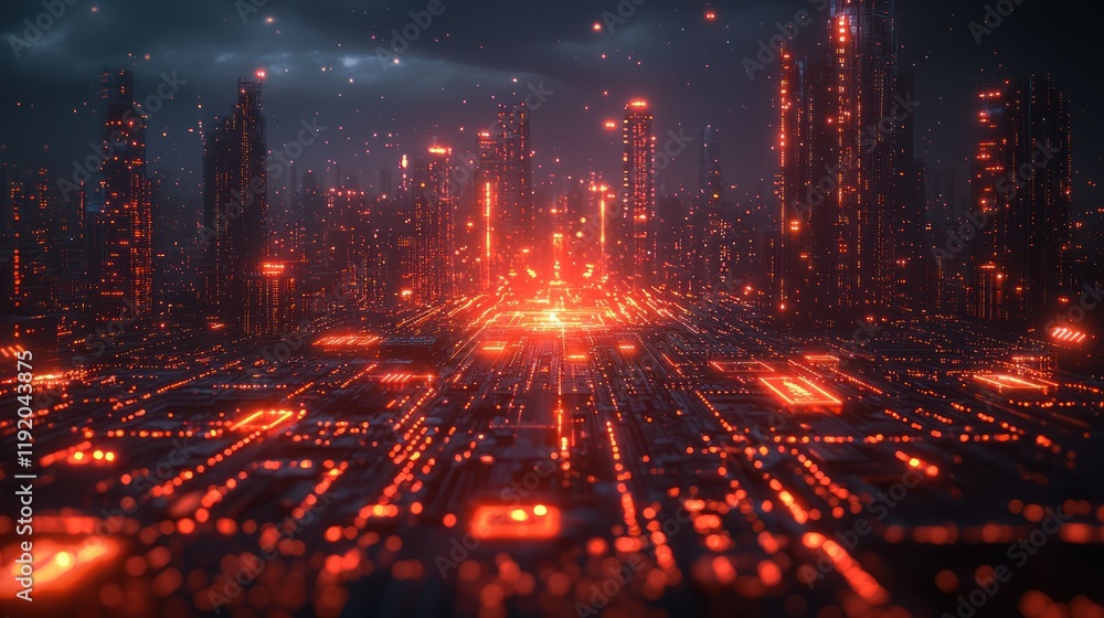 Naklejka premium Futuristic cityscape with glowing circuitry.