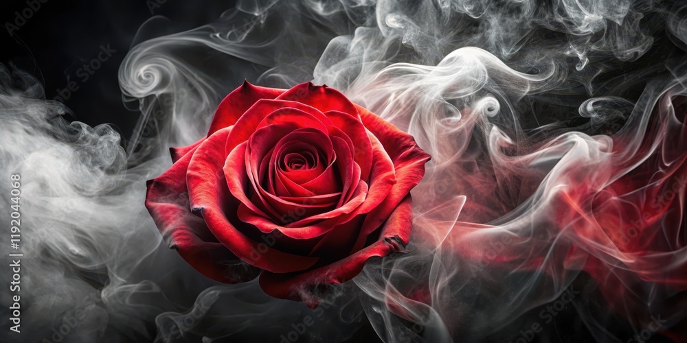 Elegant rose in a mesmerizing red smoke swirl surrounds itself with mystery on a dark and moody black background Elegant rose in a mesmerizing red smoke swirl surrounds itself with mystery on a dark and moody black background