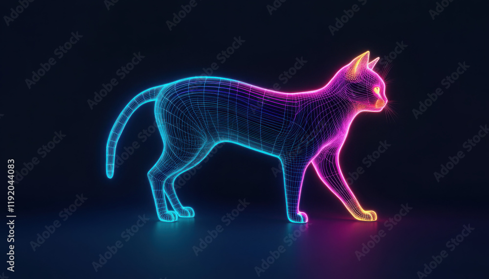 Fototapeta premium A glowing wireframe cat design with neon colors.