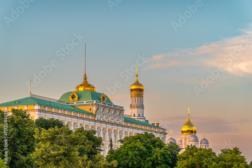 Grand Kremlin Palace. Ivan the Great Bell Tower on a summer day. Attractions of Russia. Panorama of Moscow. The capital of Russia on a summer day.