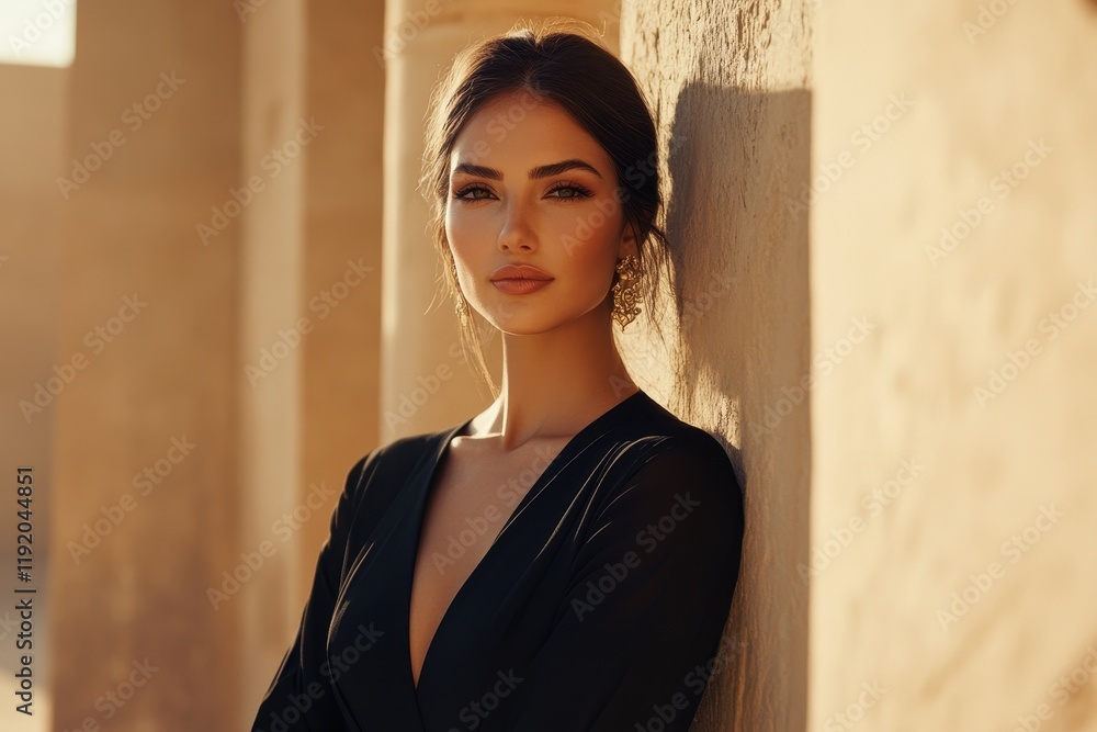 Fototapeta premium Stunning woman in black dress, elegant earrings. Ideal for fashion, beauty, or luxury product advertising.