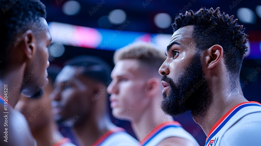Fototapeta premium Focused basketball players huddle during a game, intense expressions visible.