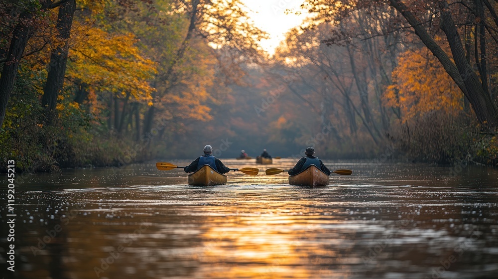 Kayakers enjoying a serene autumn evening. Kayakers enjoying a serene autumn evening.
