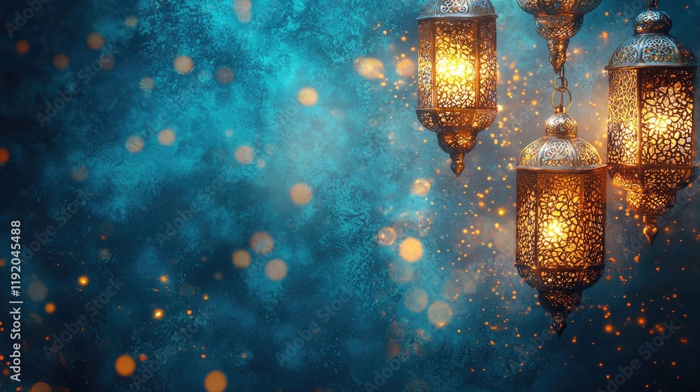 Obraz premium Glowing lanterns, festive night, bokeh background, Ramadan celebration, greeting card (1)