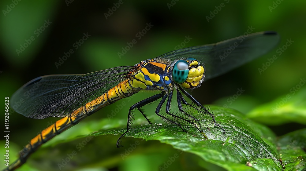 Vibrant Dragonfly on Leaf, Jungle Background, Nature Close-up Vibrant Dragonfly on Leaf, Jungle Background, Nature Close-up