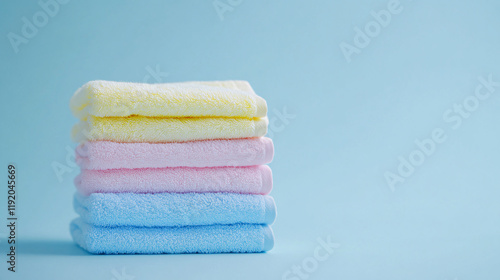 soft pastel colored towels stacked on light blue background