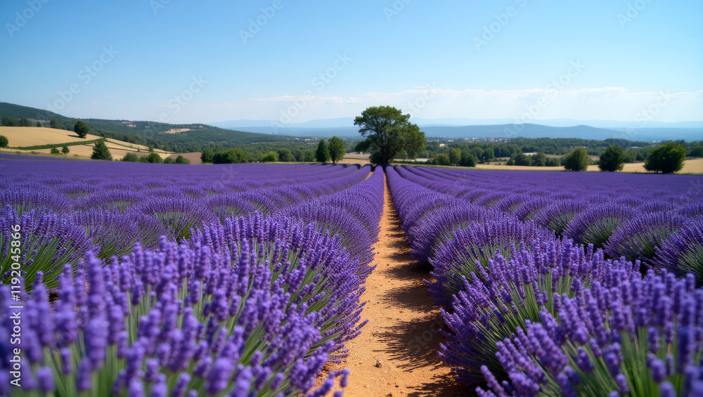 Fototapeta premium Lavender fields in Provence with vibrant purple flowers representing tranquil beauty
