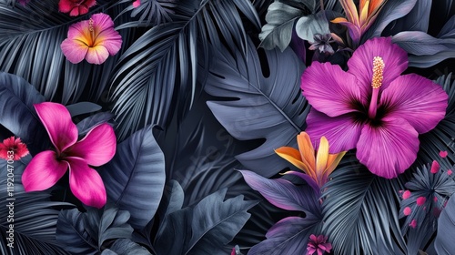 Dark Tropical Paradise: Vibrant Hibiscus and Lush Foliage