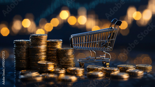 A shiny shopping cart standing on several stacks of golden coins, with a digital line graph showing an increasing trend in sales volume, glowing in the background photo