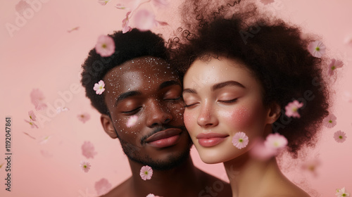 Chamomile skincare concept featuring glowing model on clean minimalist background, Generative AI photo