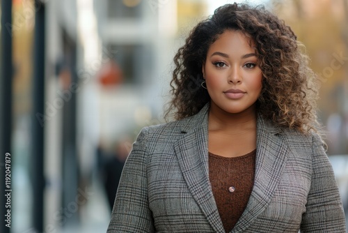 Full-figured woman in a tailored blazer, walking confidently in an urban environment with a positive and empowering look. photo