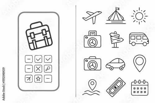 Travel icons, transportation symbols, minimalist design, black and white, line art, simple shapes, tourism elements, navigation markers, luggage icons, accommodation symbols, food and drink pictograms