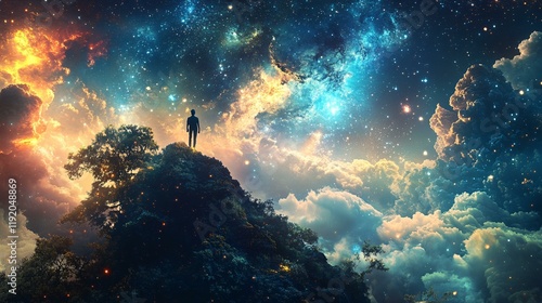 A surreal 3D portrayal of imagination, with fantastical, dreamlike elements floating in a vast, starry space, blending reality and fantasy. photo