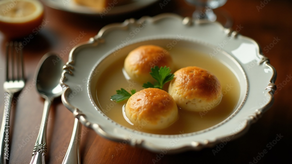 A bowl of matzo ball soup served elegantly, with light matzo balls in a clear broth, capturing the warmth and tradition of Passover.
