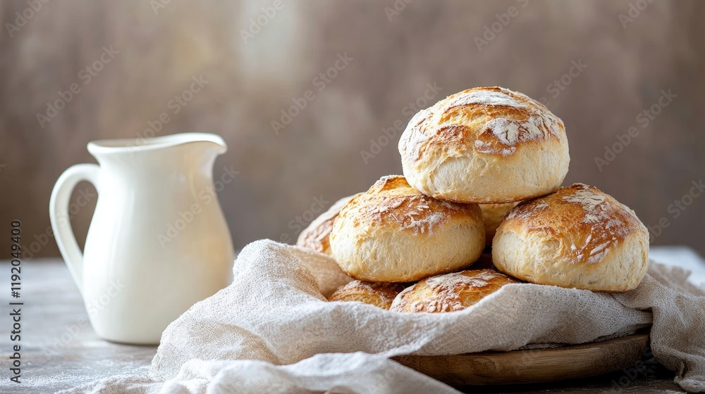 Artisan bread rolls stacked near a milk pitcher, natural background. Artisan bread rolls stacked near a milk pitcher, natural background.
