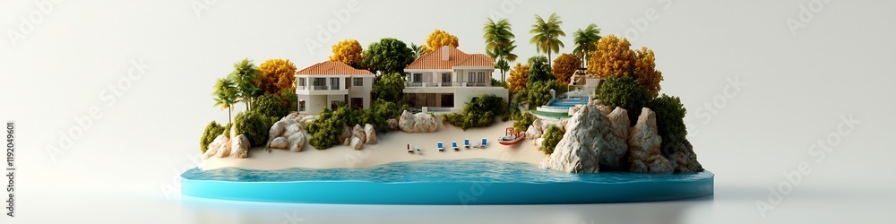 Obraz premium Idyllic Tropical Island Retreat Luxurious Beachfront Villa Nestled in Lush Foliage Overlooking the Turquoise Ocean and Pristine Sandy Shores
