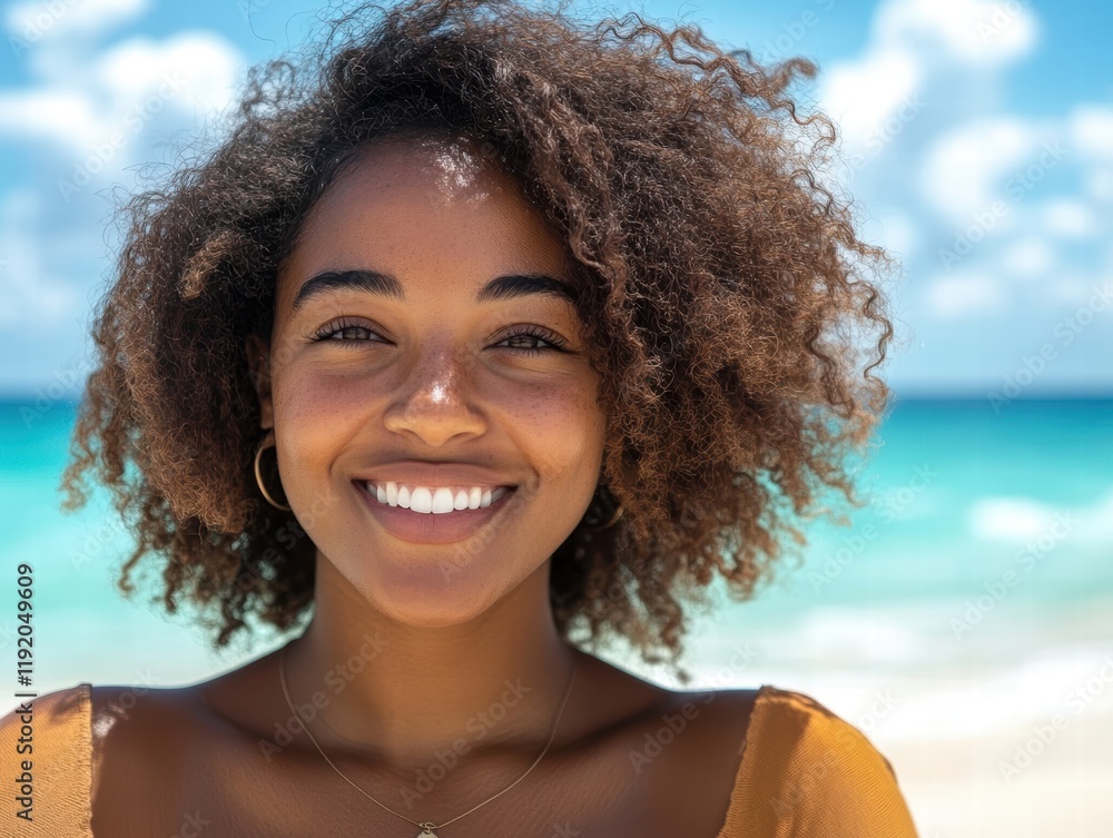 Joyful woman with a wide smile, enjoying a sunny day at the beach, with the ocean in the background. Joyful woman with a wide smile, enjoying a sunny day at the beach, with the ocean in the background.