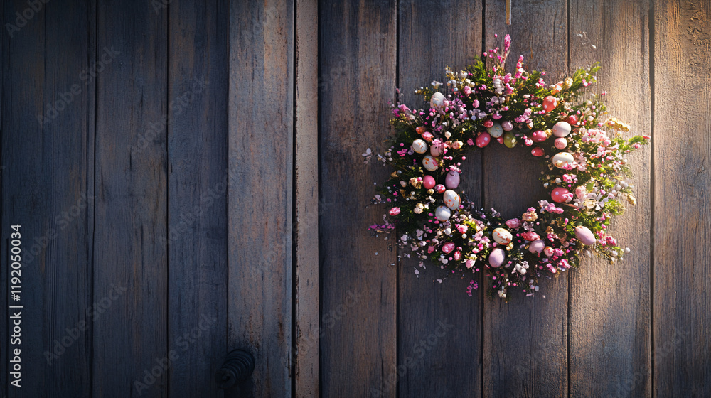 rustic easter wreath with pink flowers and eggs on a wooden barn door rustic easter wreath with pink flowers and eggs on a wooden barn door