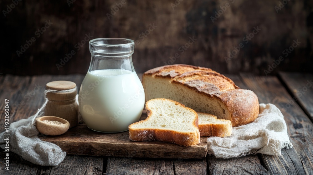 A breakfast arrangement with milk, toast, and a rustic bread loaf. A breakfast arrangement with milk, toast, and a rustic bread loaf.