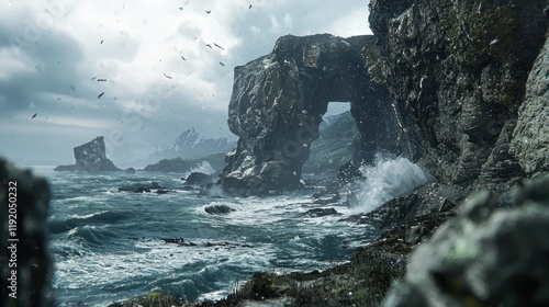 Dramatic Coastal Rock Arch with Ocean Waves and Birds