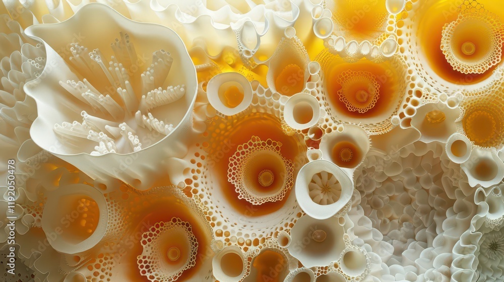 Abstract design featuring intricate white and orange patterns resembling organic forms.