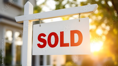 Prominent 'Sold' sign in a green suburban yard, symbolizing completed real estate transactions and investments. photo