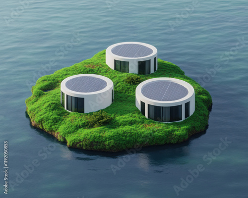 Modern eco-friendly houses on an isolated green island.