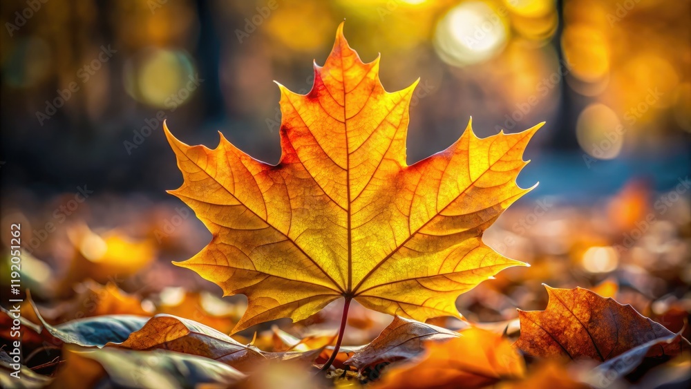 A single, sunlit maple leaf, ablaze in orange and yellow. A single, sunlit maple leaf, ablaze in orange and yellow.