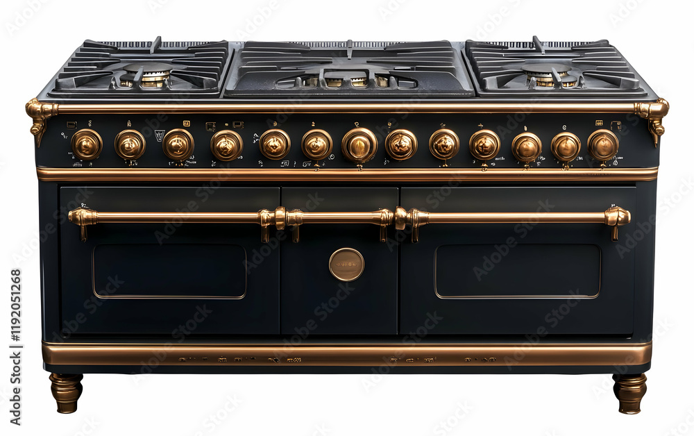 Luxury range, copper accents, kitchen, white background, cooking Luxury range, copper accents, kitchen, white background, cooking