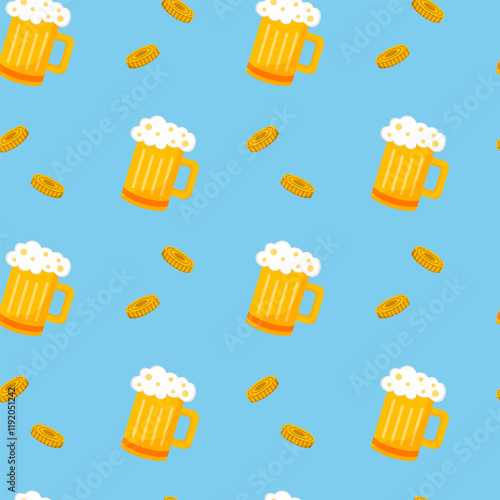 Beer mugs and coins designed in a seamless flat pattern style, placed on a bright blue background, symbolizing celebration and fun