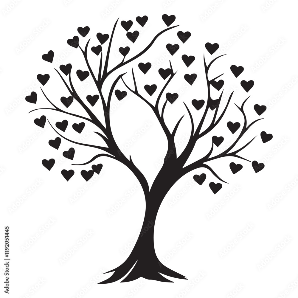 Fototapeta premium valentine day vector illustration love tree, tree, vector, leaf, flower, nature, spring, branch, illustration, art, heart, love, plant, design, summer, season, autumn, silhouette, blossom, floral,