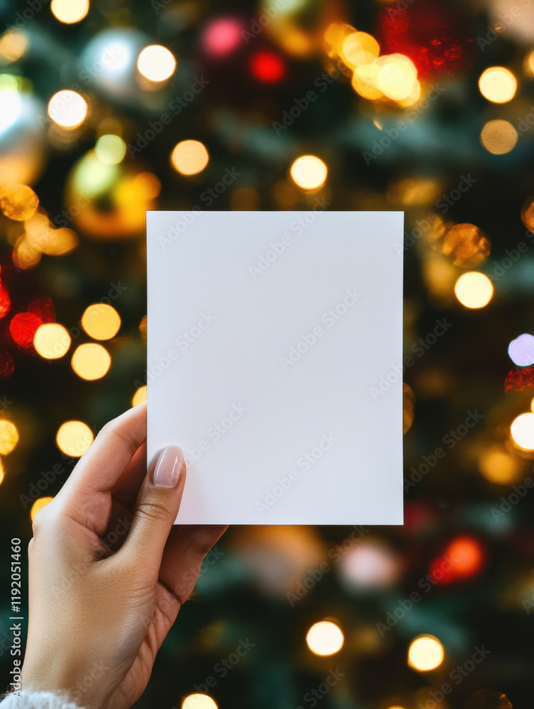Woman hand holding blank white paper on blurry Christmas tree background Woman hand holding blank white paper on blurry Christmas tree background