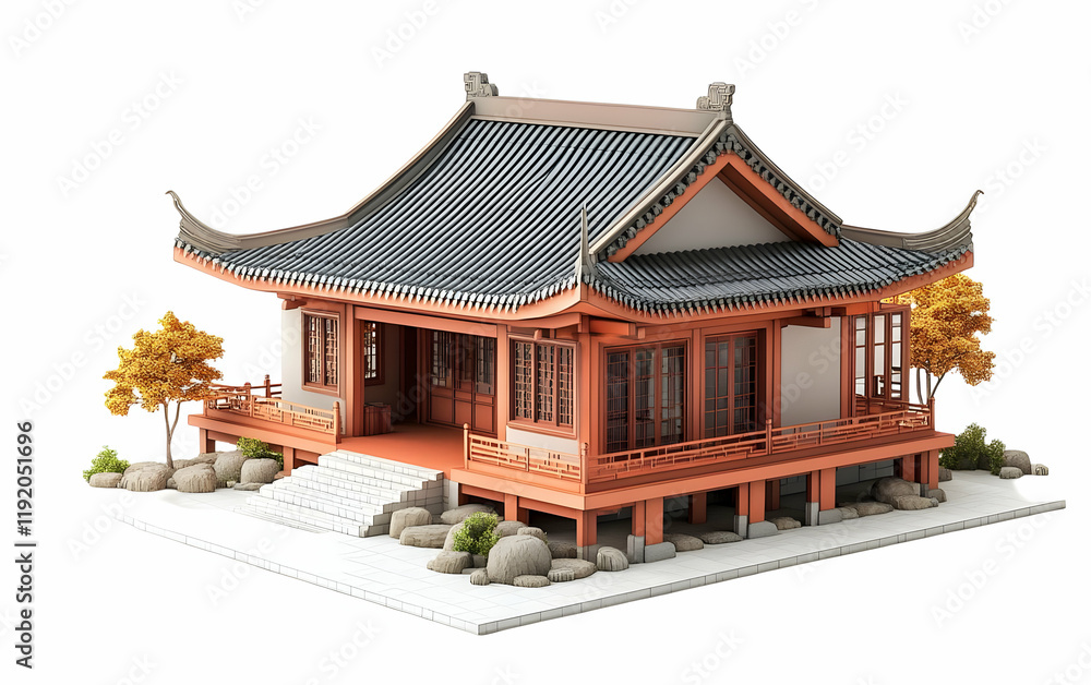 Asian house model, autumn trees, white background, design Asian house model, autumn trees, white background, design