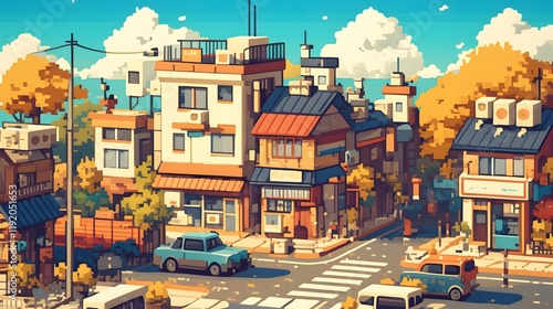 Wallpaper Mural Pixel art city landscape with buildings, houses, streets, and trees, designed for retro games Torontodigital.ca