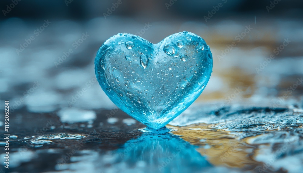 Fototapeta premium Celebrate love with Valentine’s Day. A translucent blue heart shaped ice on a reflective surface.