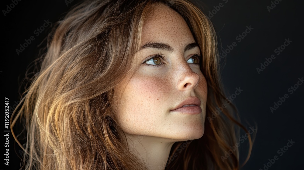 Portrait of a woman with long hair, softly lit from the side, her face partially in shadow for a dramatic effect. Portrait of a woman with long hair, softly lit from the side, her face partially in shadow for a dramatic effect.