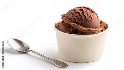 Chocolate ice cream in paper bowl beside with spoon