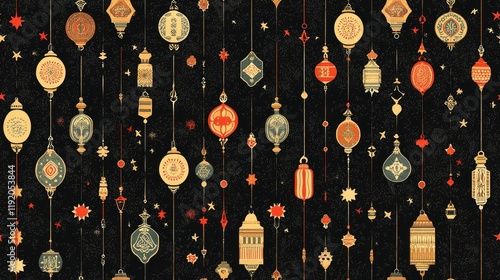 Festive lanterns hanging, night market background, celebration decor, holiday design photo